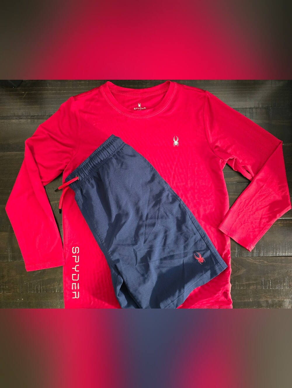 Boys Spyder Kids Red Long Sleeve Top with Navy Swim Shorts